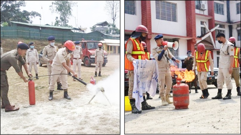Personnel from Fire & Emergency Services, Kiphire (left) and Mon (Right) demonstrates on fire prevention as part of Fire Week 2021. (DIPR Photo)